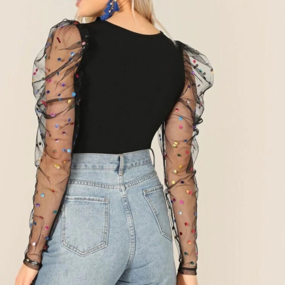 🆕Puffy Sleeve PolkaDot Mesh Spring Top - Picture 5 of 5